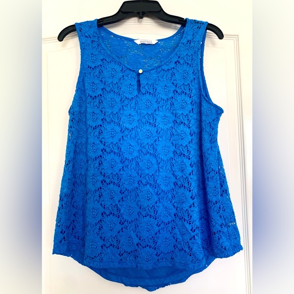 Ellen Tracy Tops - Ellen Tracy Co Women’s Tank Top Blouse in Blue Lace L Sleeveless Gold Button